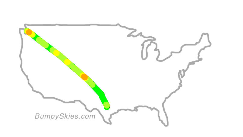 Map of continental US with illustrated flight path and turbulence forecast (described in text below)