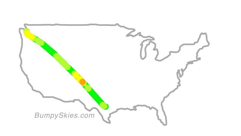 Map of continental US with illustrated flight path and turbulence forecast (described in text below)