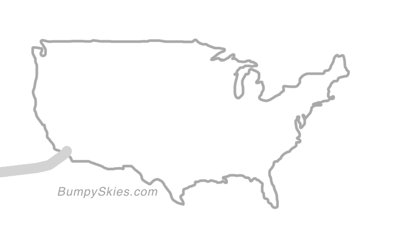Map of continental US with illustrated flight path and turbulence forecast (described in text below)