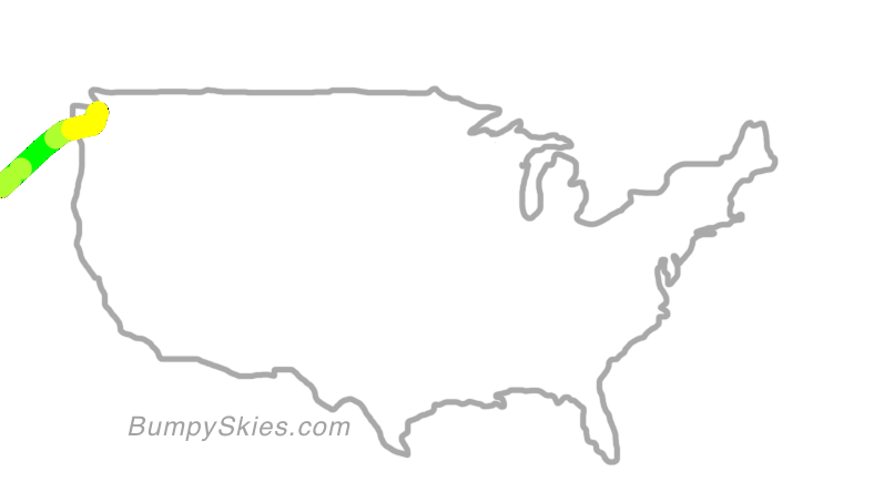 Map of continental US with illustrated flight path and turbulence forecast (described in text below)