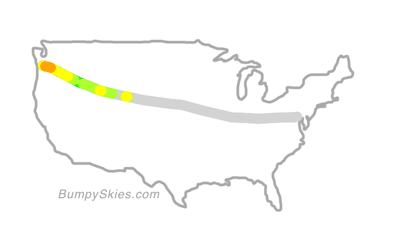 Map of continental US with illustrated flight path and turbulence forecast (described in text below)