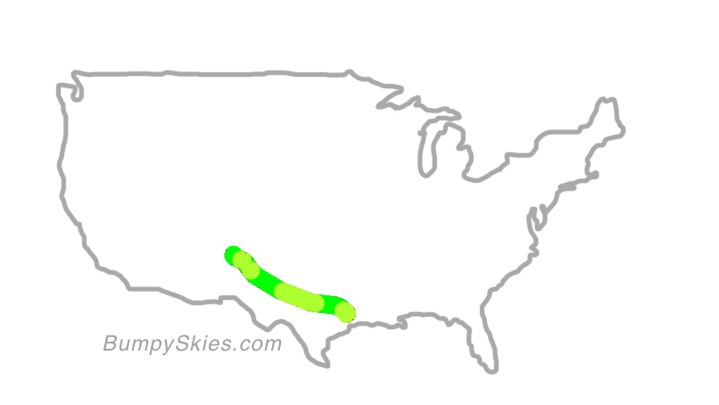 Map of continental US with illustrated flight path and turbulence forecast (described in text below)