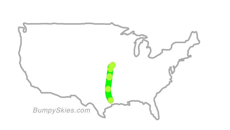 Map of continental US with illustrated flight path and turbulence forecast (described in text below)