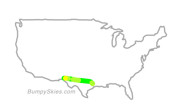 Map of continental US with illustrated flight path and turbulence forecast (described in text below)