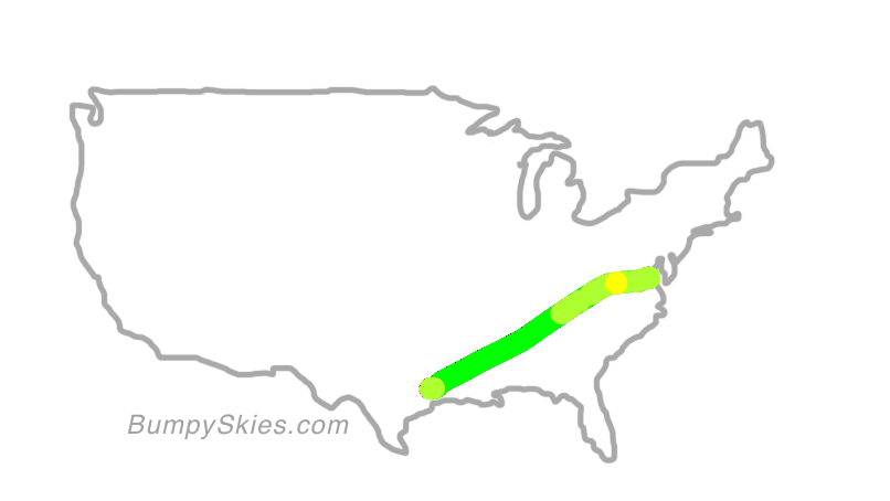 Map of continental US with illustrated flight path and turbulence forecast (described in text below)