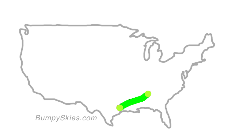 Map of continental US with illustrated flight path and turbulence forecast (described in text below)