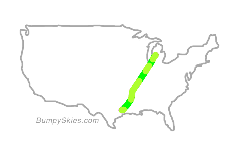 Map of continental US with illustrated flight path and turbulence forecast (described in text below)