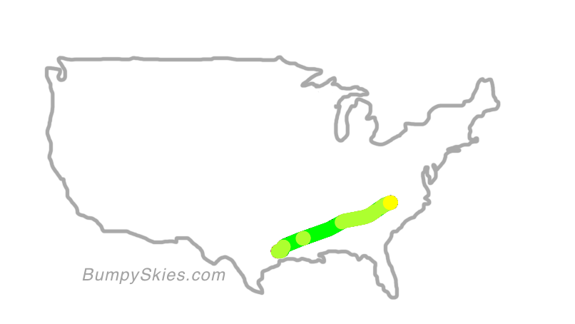 Map of continental US with illustrated flight path and turbulence forecast (described in text below)