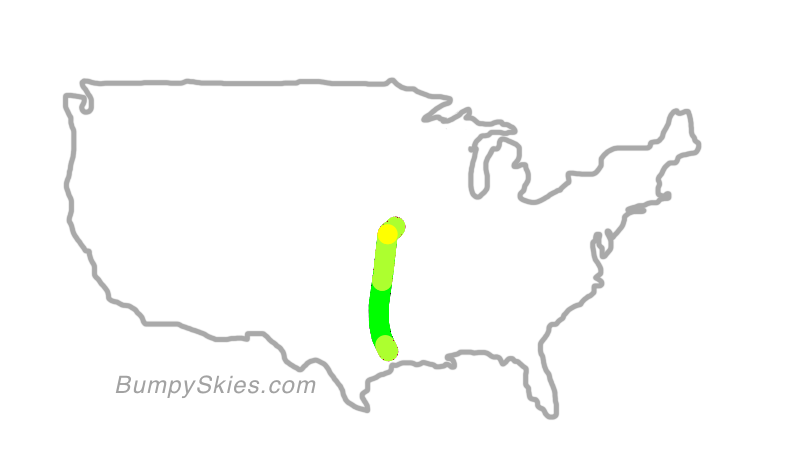 Map of continental US with illustrated flight path and turbulence forecast (described in text below)