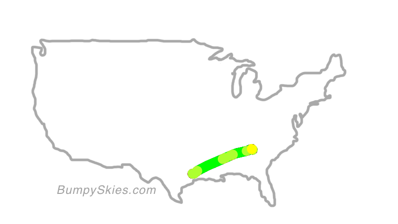 Map of continental US with illustrated flight path and turbulence forecast (described in text below)