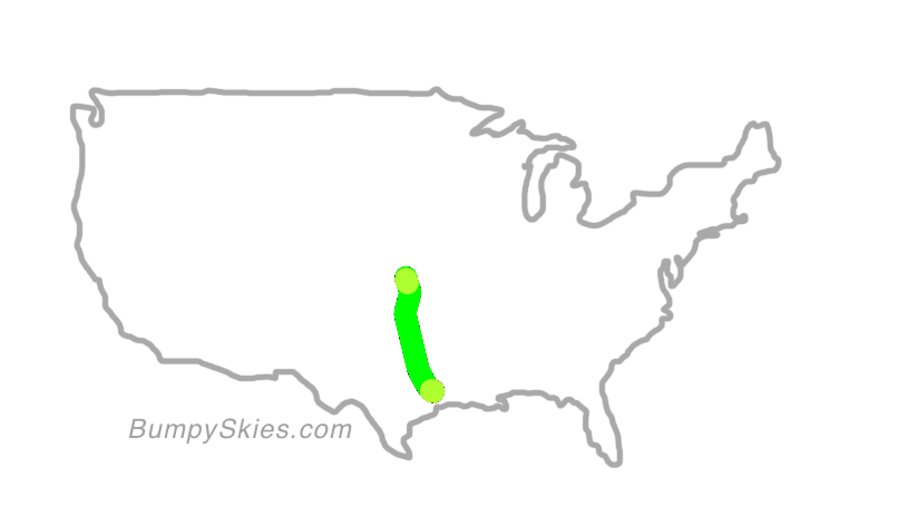 Map of continental US with illustrated flight path and turbulence forecast (described in text below)