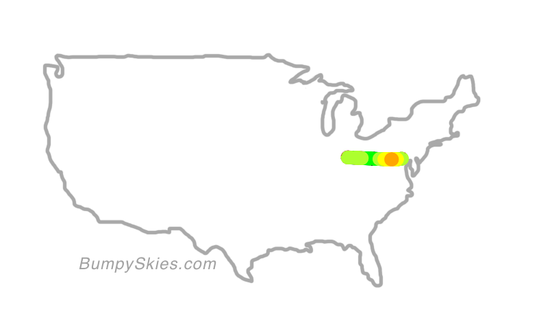 Map of continental US with illustrated flight path and turbulence forecast (described in text below)
