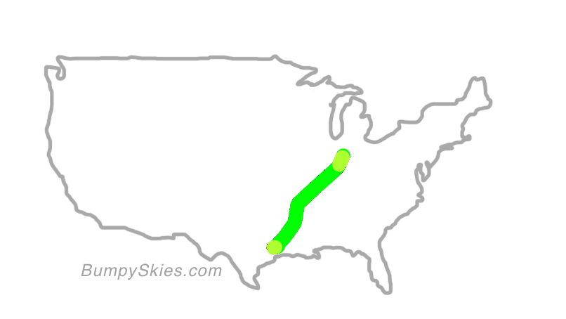 Map of continental US with illustrated flight path and turbulence forecast (described in text below)