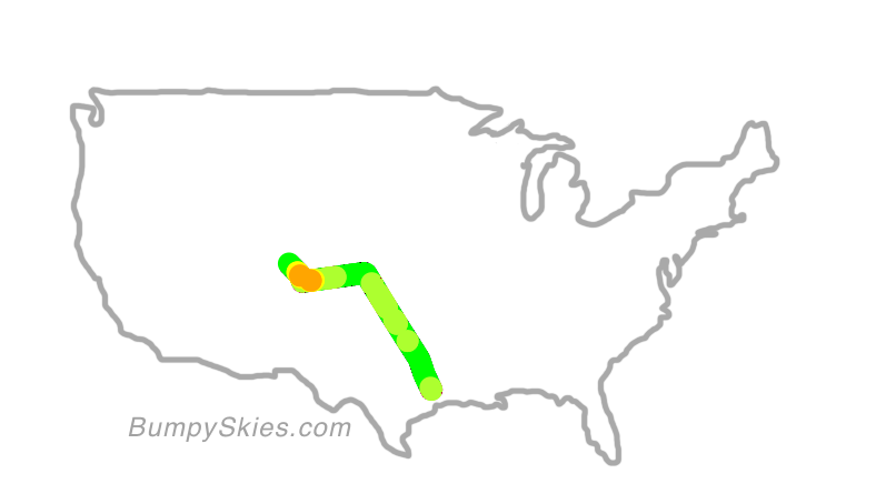 Map of continental US with illustrated flight path and turbulence forecast (described in text below)