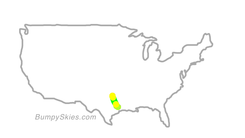 Map of continental US with illustrated flight path and turbulence forecast (described in text below)