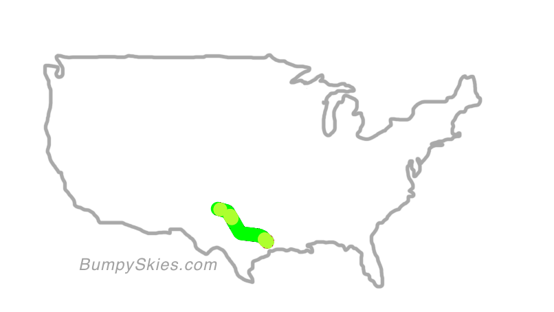 Map of continental US with illustrated flight path and turbulence forecast (described in text below)