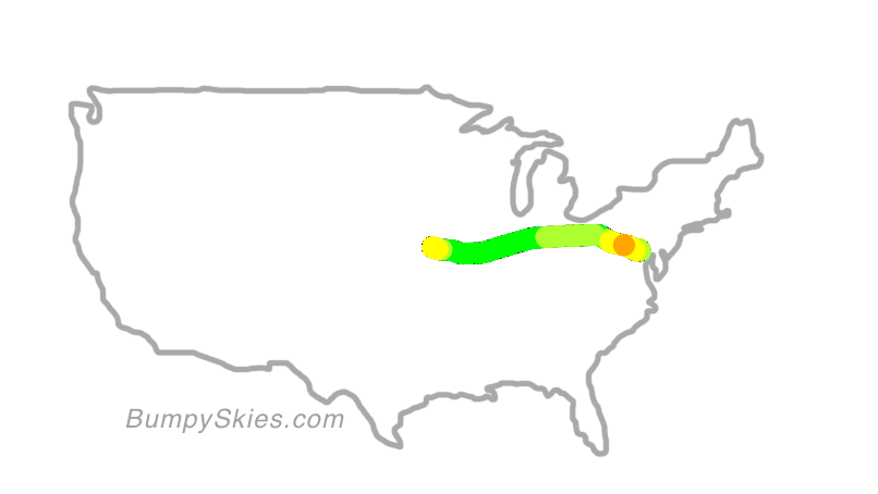 Map of continental US with illustrated flight path and turbulence forecast (described in text below)