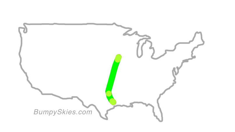 Map of continental US with illustrated flight path and turbulence forecast (described in text below)