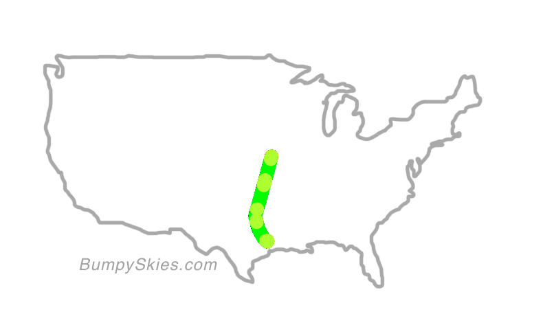 Map of continental US with illustrated flight path and turbulence forecast (described in text below)