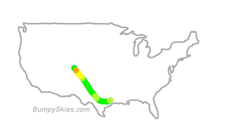 Map of continental US with illustrated flight path and turbulence forecast (described in text below)