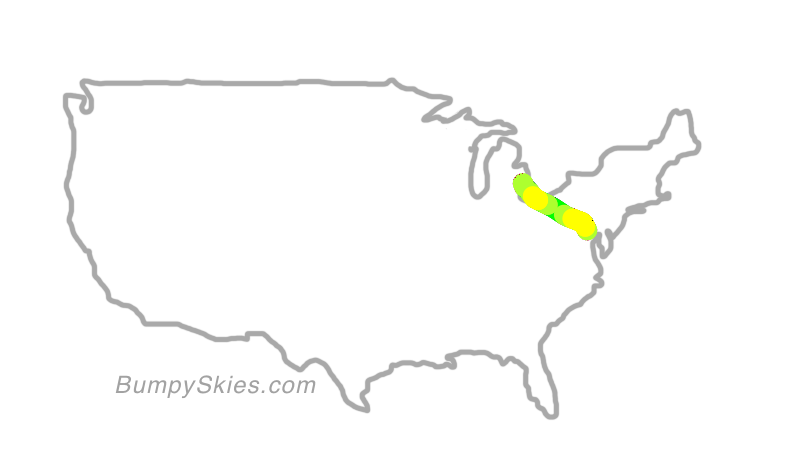 Map of continental US with illustrated flight path and turbulence forecast (described in text below)