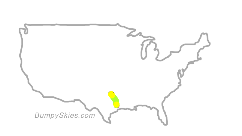 Map of continental US with illustrated flight path and turbulence forecast (described in text below)