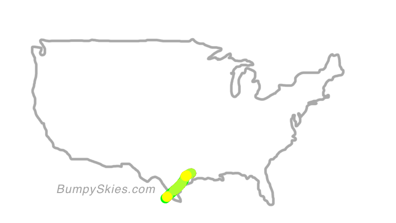 Map of continental US with illustrated flight path and turbulence forecast (described in text below)