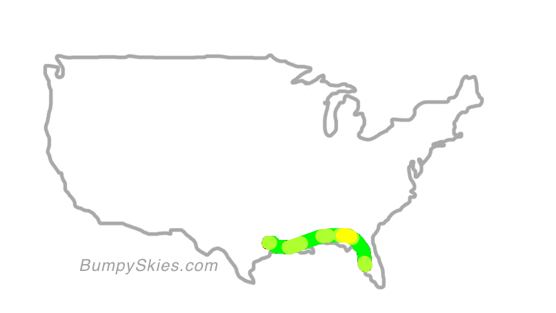 Map of continental US with illustrated flight path and turbulence forecast (described in text below)