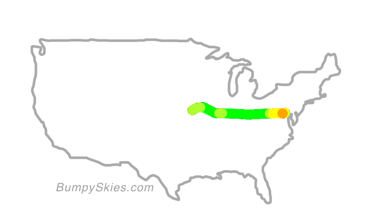 Map of continental US with illustrated flight path and turbulence forecast (described in text below)