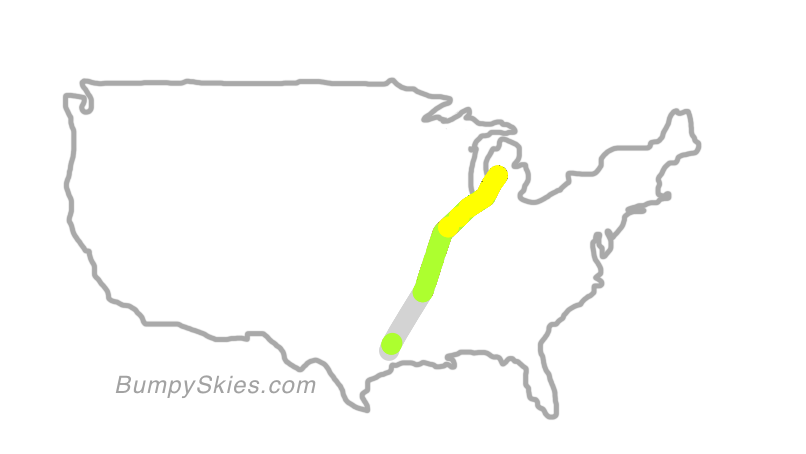 Map of continental US with illustrated flight path and turbulence forecast (described in text below)