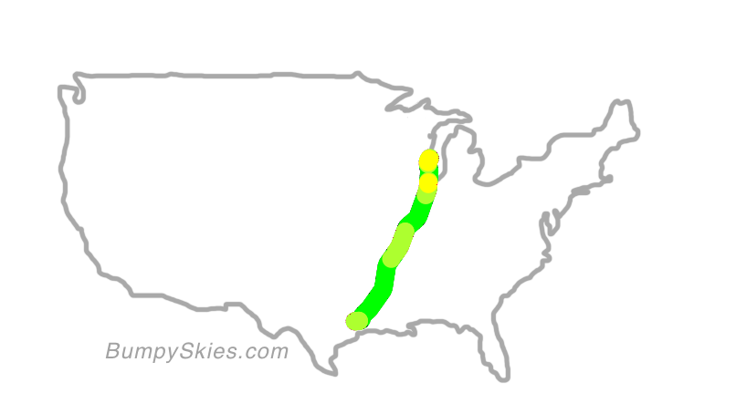 Map of continental US with illustrated flight path and turbulence forecast (described in text below)