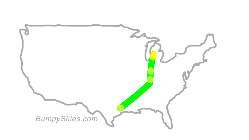 Map of continental US with illustrated flight path and turbulence forecast (described in text below)
