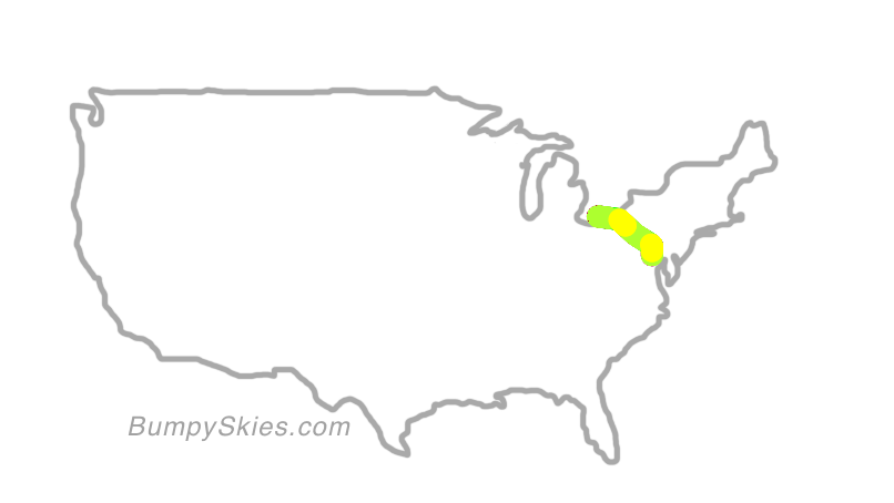 Map of continental US with illustrated flight path and turbulence forecast (described in text below)
