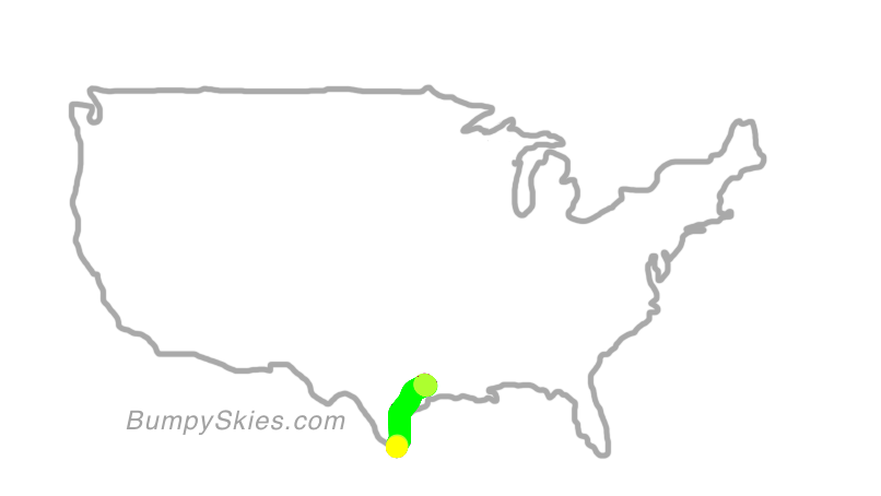 Map of continental US with illustrated flight path and turbulence forecast (described in text below)
