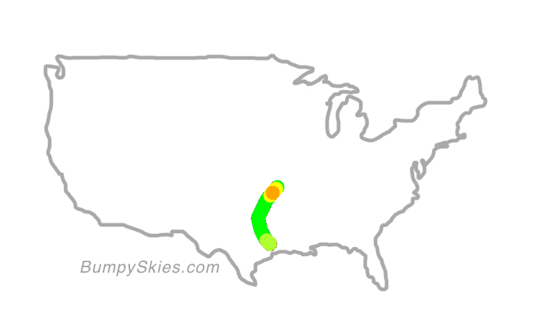 Map of continental US with illustrated flight path and turbulence forecast (described in text below)