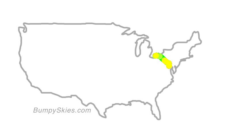 Map of continental US with illustrated flight path and turbulence forecast (described in text below)