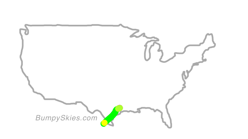 Map of continental US with illustrated flight path and turbulence forecast (described in text below)