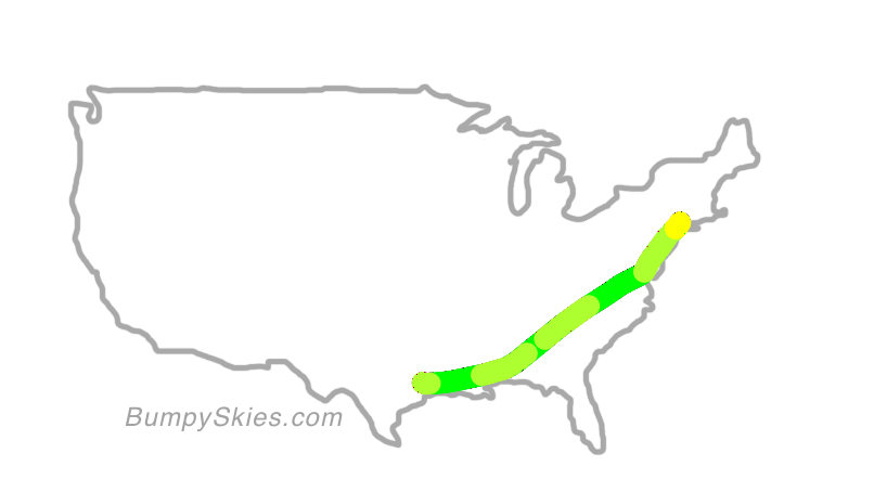 Map of continental US with illustrated flight path and turbulence forecast (described in text below)