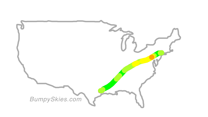 Map of continental US with illustrated flight path and turbulence forecast (described in text below)