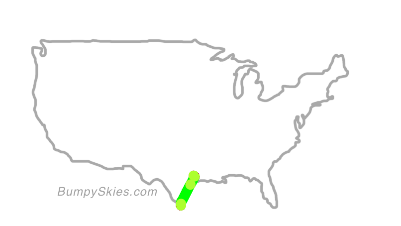 Map of continental US with illustrated flight path and turbulence forecast (described in text below)