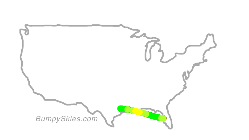 Map of continental US with illustrated flight path and turbulence forecast (described in text below)