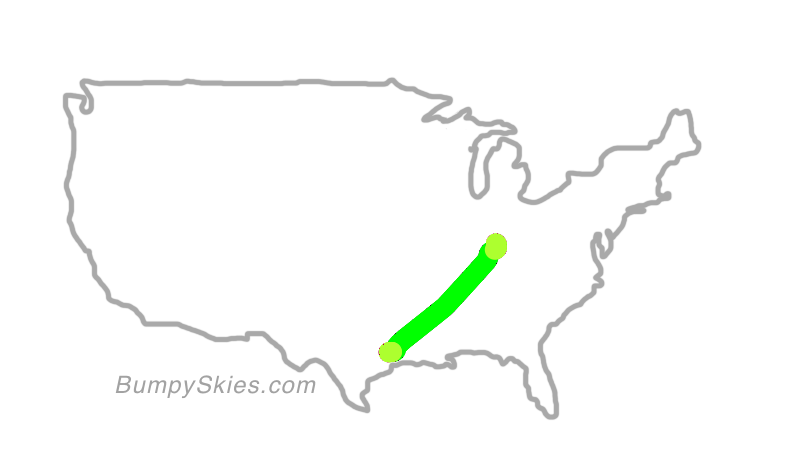 Map of continental US with illustrated flight path and turbulence forecast (described in text below)