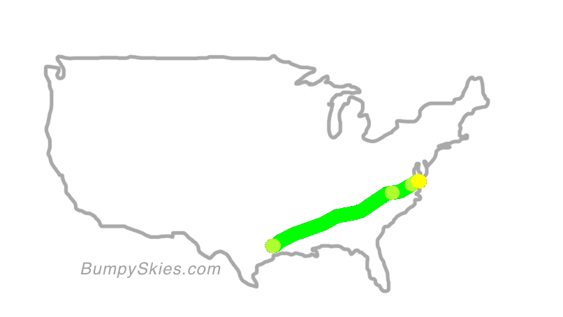Map of continental US with illustrated flight path and turbulence forecast (described in text below)
