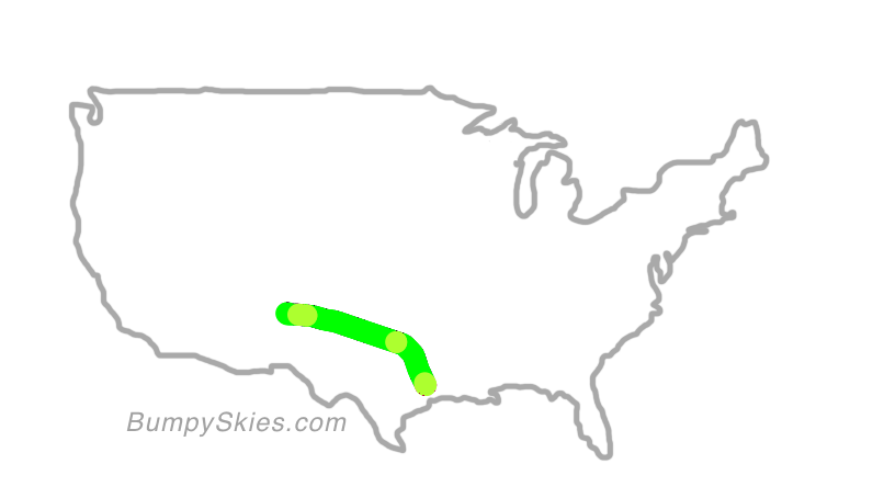 Map of continental US with illustrated flight path and turbulence forecast (described in text below)
