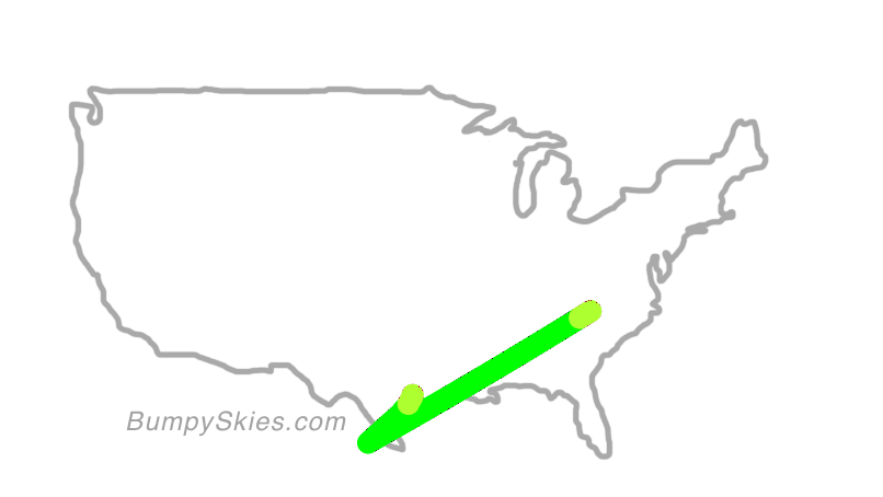 Map of continental US with illustrated flight path and turbulence forecast (described in text below)