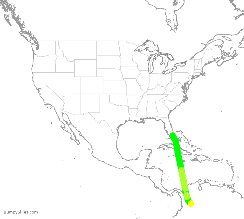 Turbulence forecast map for AVA005, MIA to KBO