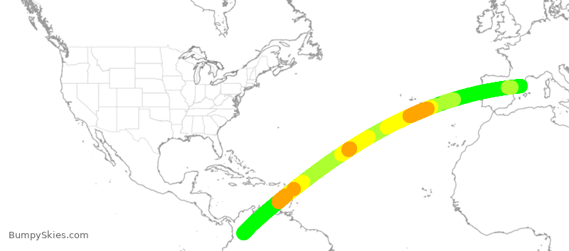 Turbulence forecast map for AVA19, BCN to BOG