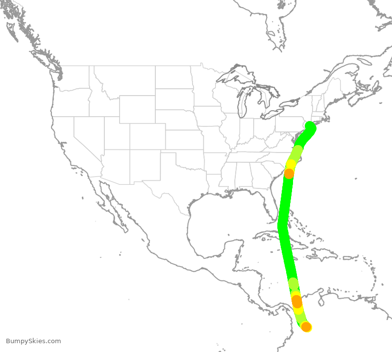 Turbulence forecast map for AVA21, JFK to BOG