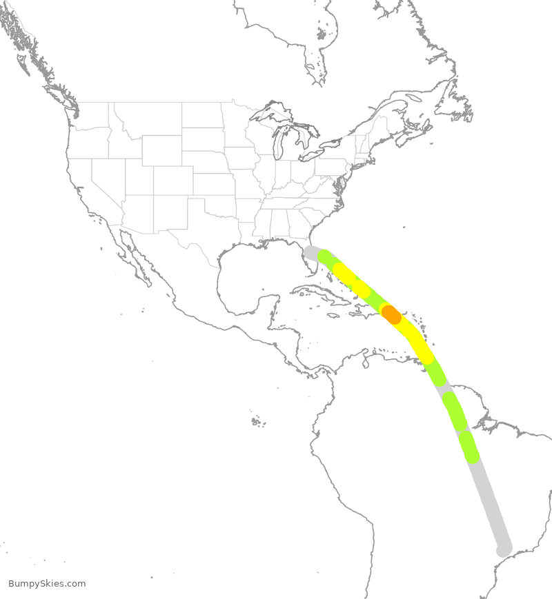 Turbulence forecast map for AZU9307, MCO to BKP
