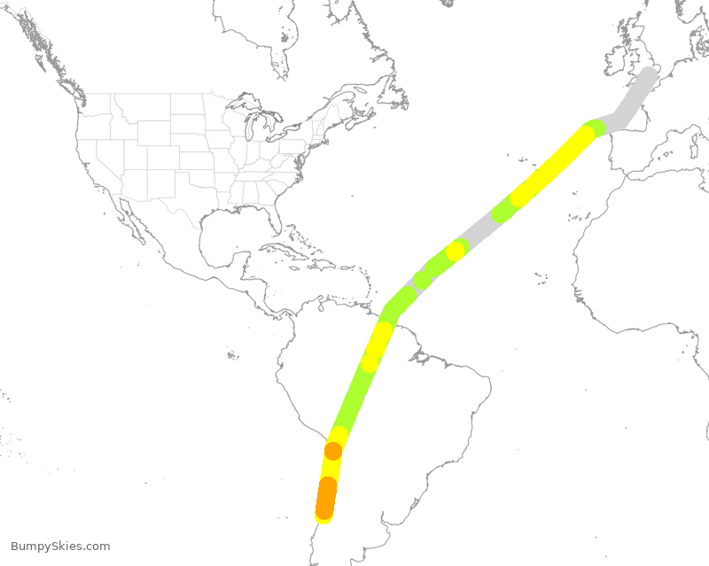 Turbulence forecast map for BAW251, LHR to SCL